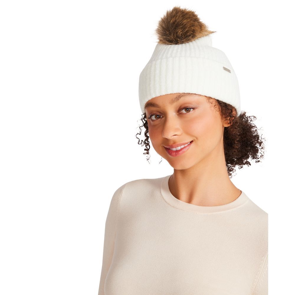 Steve Madden Ivory and Faux Furā Puff Beanie One Size